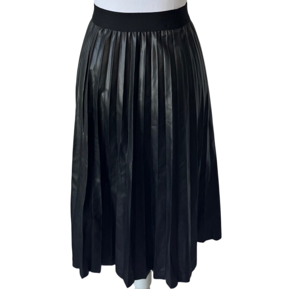Laundry by Shelli Segal Black Faux Leather Pleated Midi Skirt Edgy Chic XS
